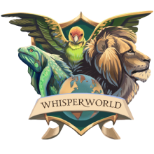 Whisperworld Logo Leguan, Löwe und Adler im Wappen